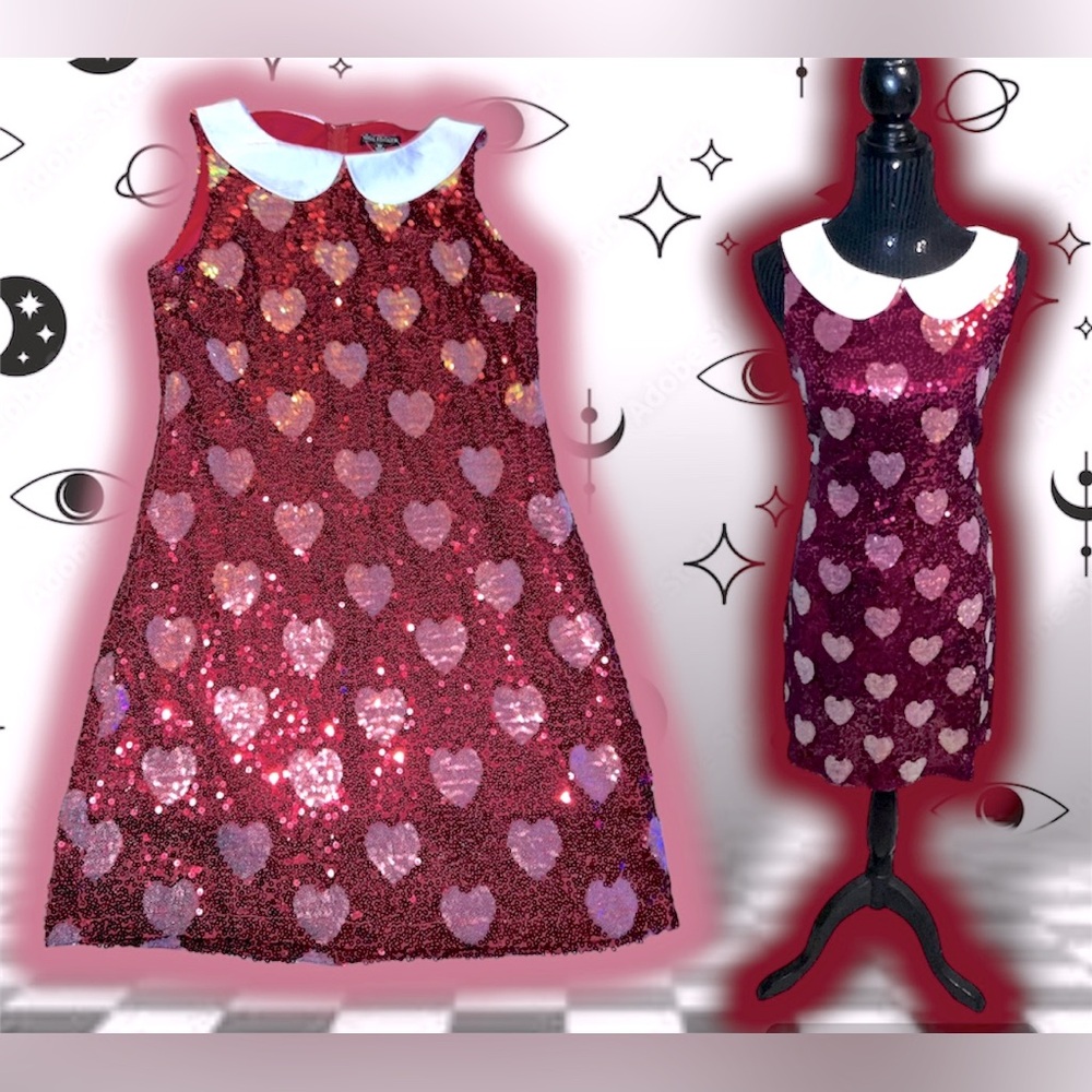 NEW: Smak Parlour @ Unique Vintage - Red & Pink Heart Sequence Dress (SIZE M).
